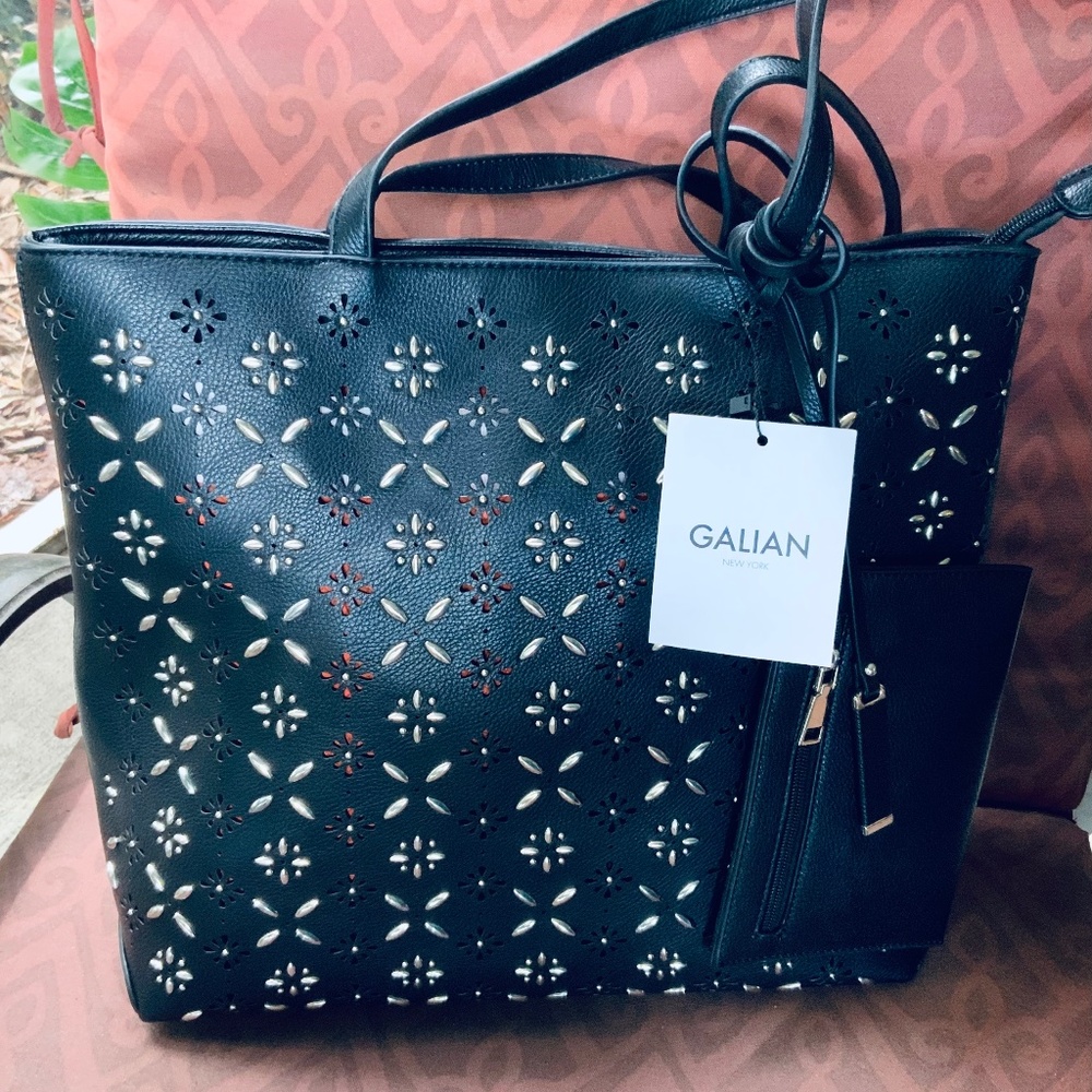 BLACK SIL STUDDED OPENWORK DESIGN BAG/TOTE ⭐️HANDBAG 2 Pc Set NWT ❤️LIGHTWEIGHT